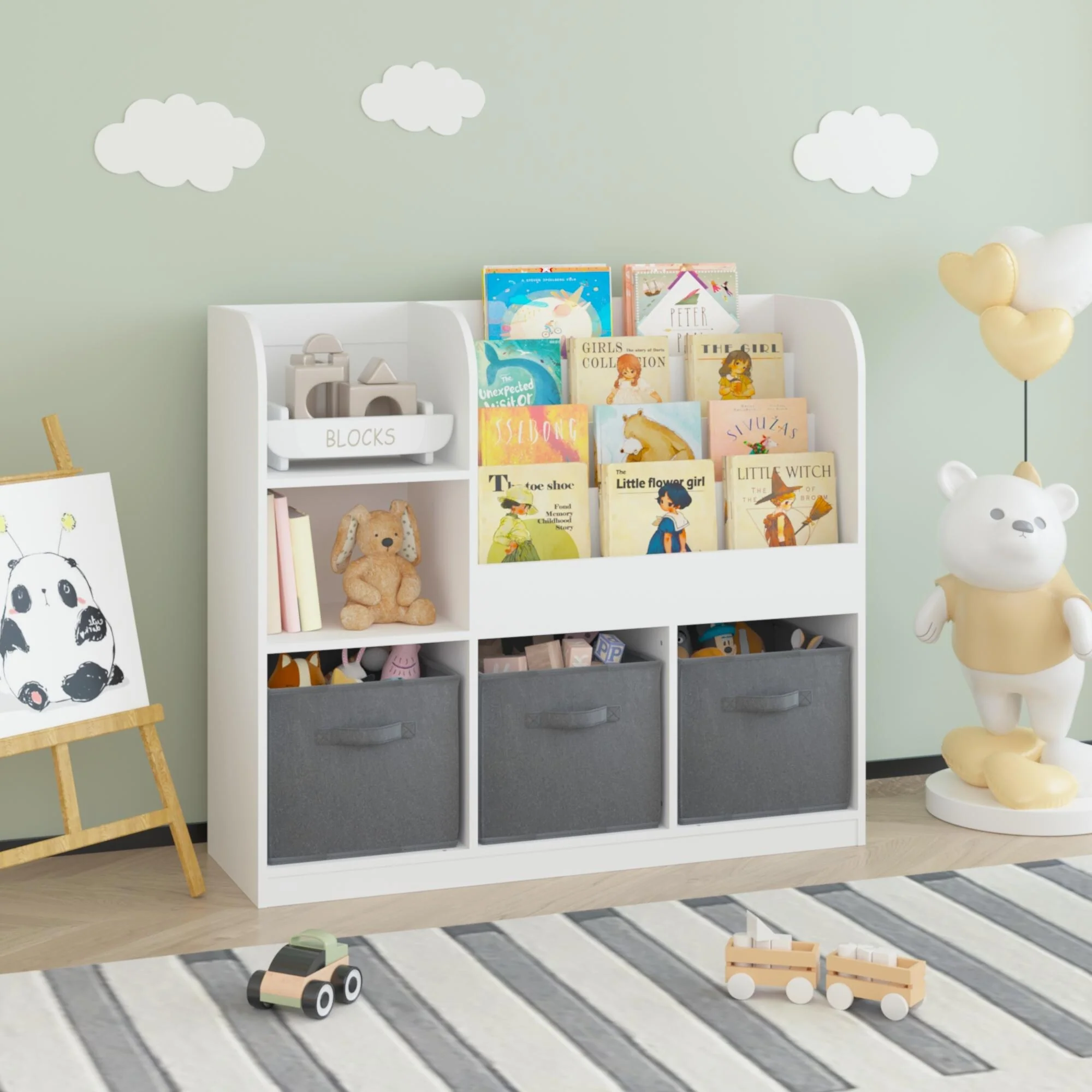 Kids Bookcase and Bookshelf, Multifunctional Bookcase with 3 Collapsible Fabric Drawers, Bookcase Display Stand