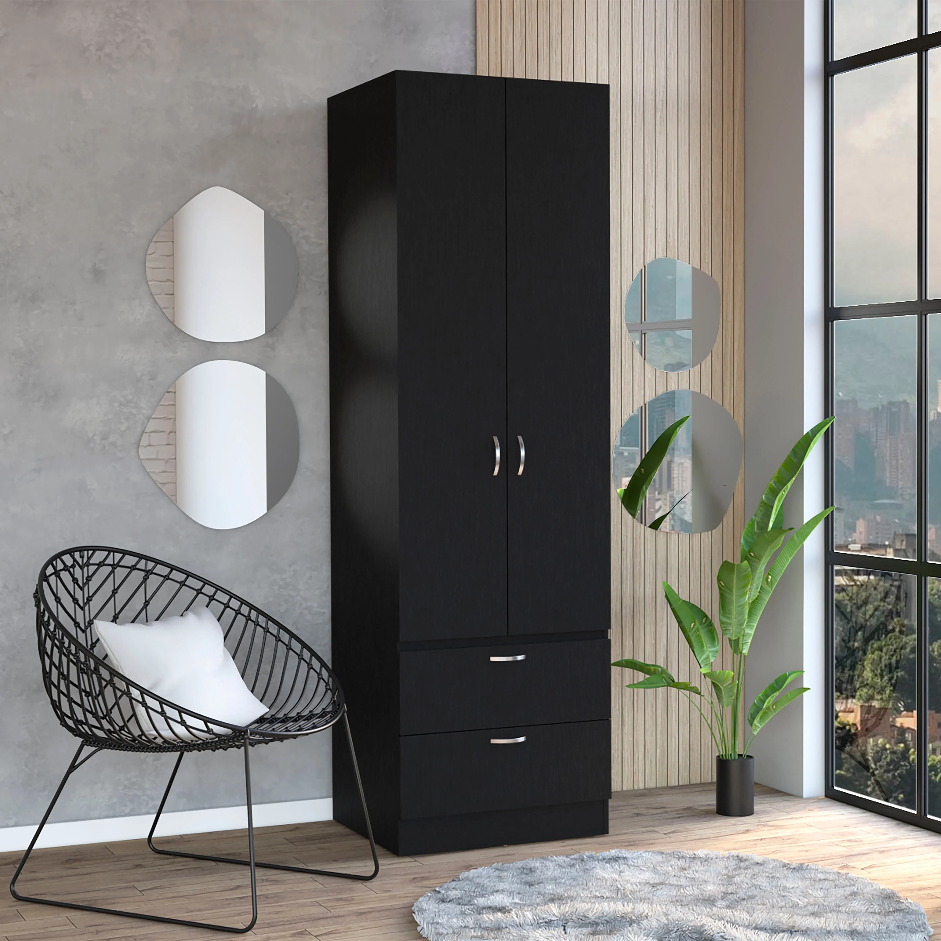 19.5 Modern Double-door Armoire with 2 Drawers, One Shelf and Hanging Rod