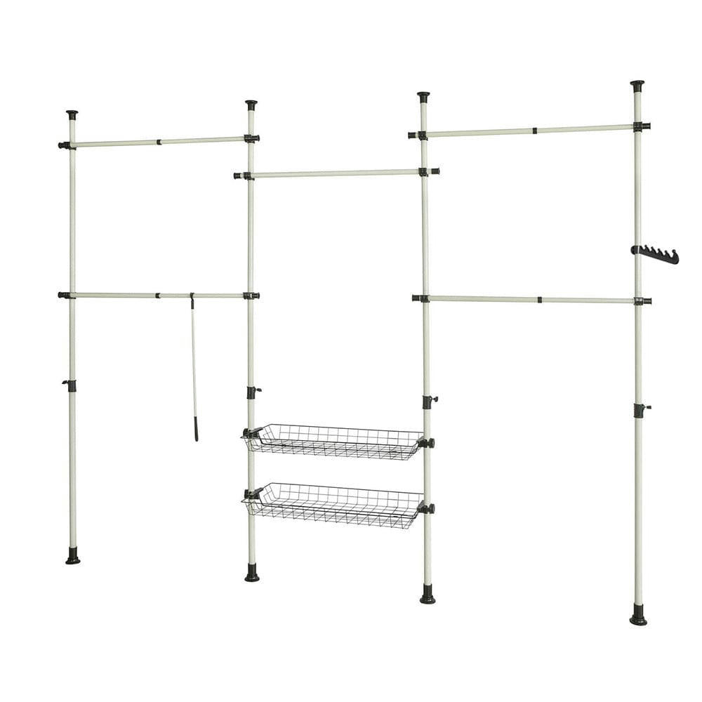 - Télescopique garde-robe 5 barres 2 paniers en métal blanc