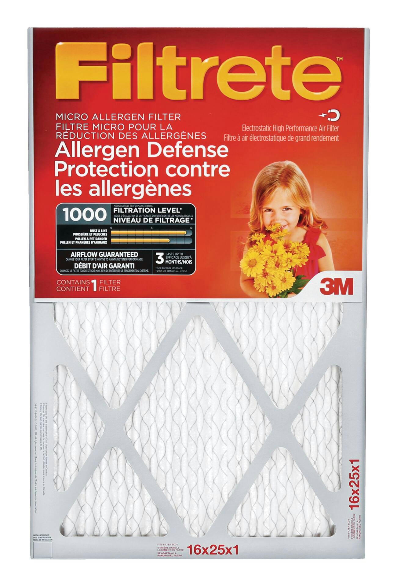 3M™ Filtrete™ Allergen Defense Micro Allergen Filter, MPR 1000, 16 x 25 x 1-in, 1-pk