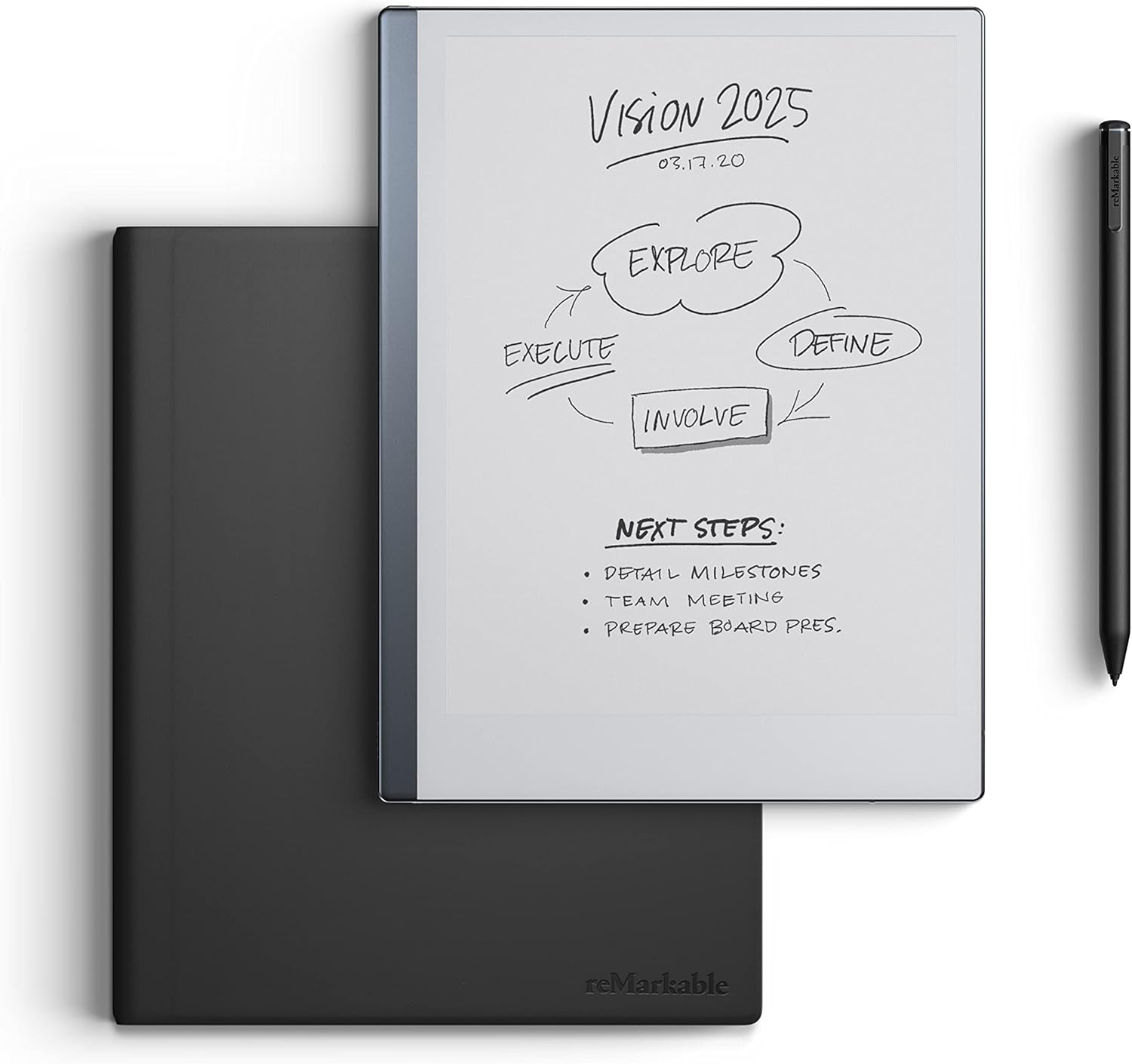 reMarkable Essentials Bundle - Leather Folio | reMarkable 2 Paper Tablet | Black and White 10.3'' Writing Tablet  Marker Plus Pen with Built-in Eraser and Book Folio Case in Black Premium Leather
