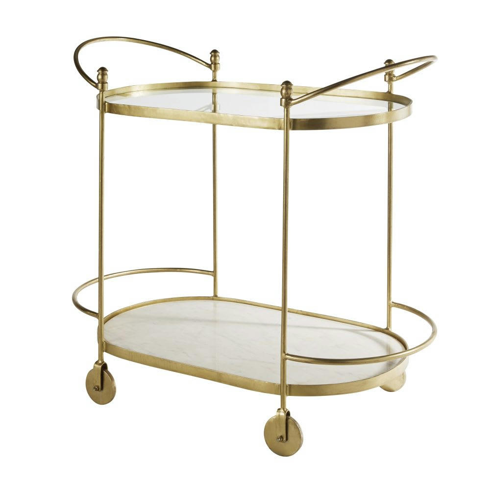 BONNIE - Desserte en métal doré, verre et marbre blanc