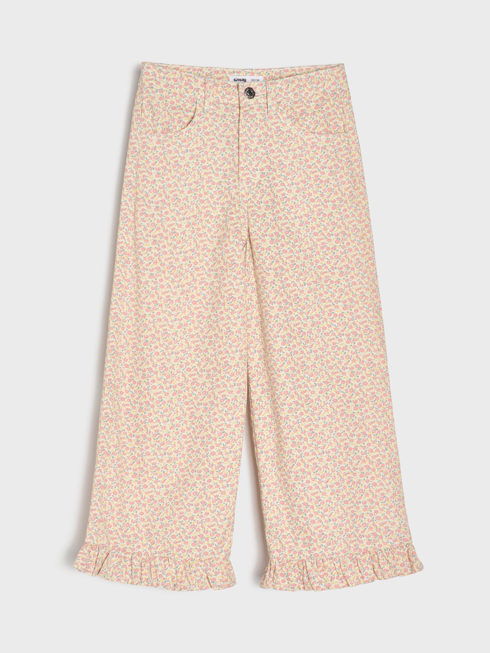 Jeansy wide leg z ozdobną falbanką