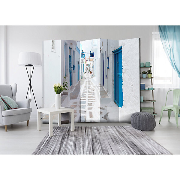 Paravent Décoratif évasion en Grèce, 5 Panneaux 225 x 172 cm Bleu et Blanc