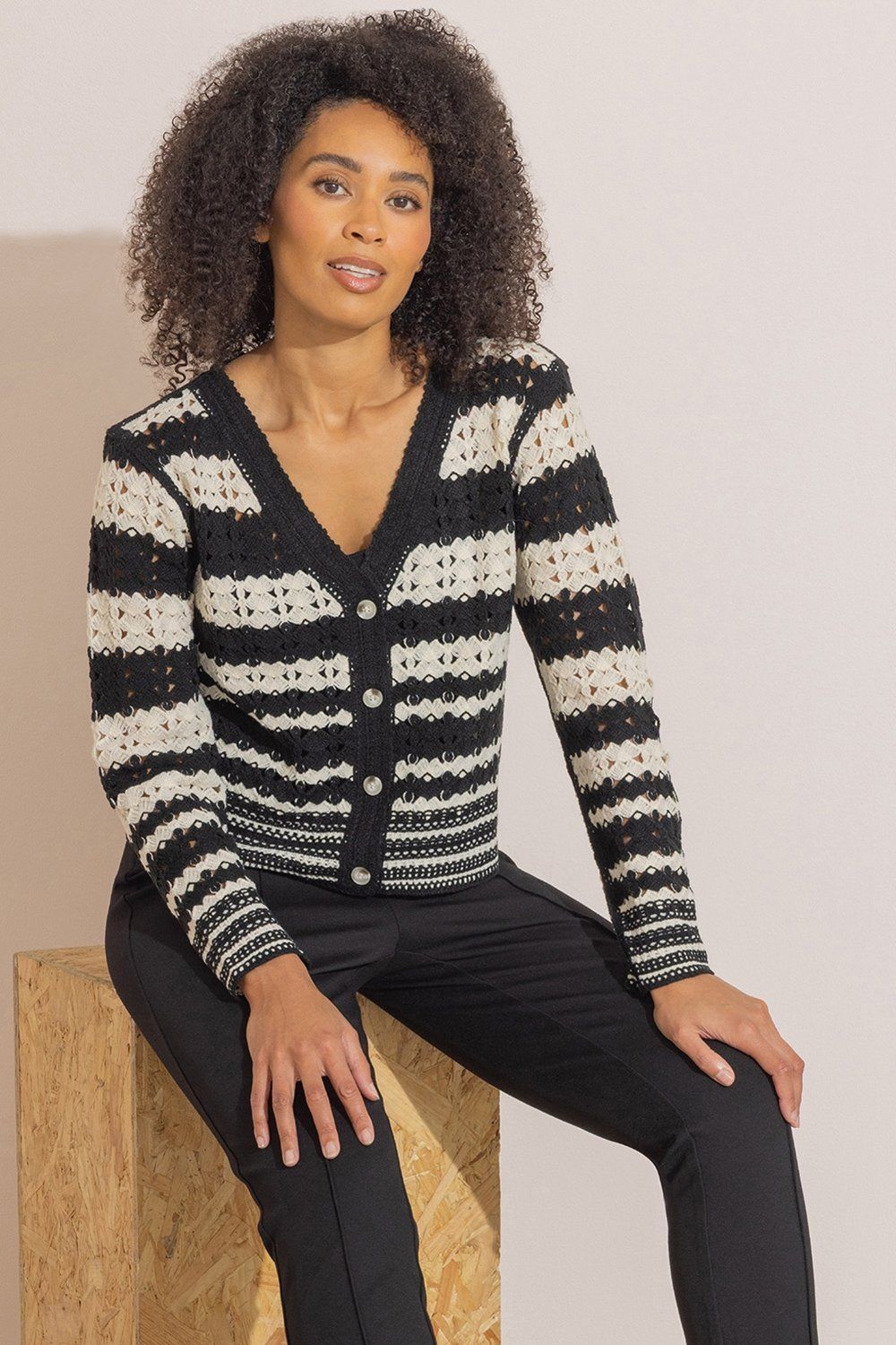 Klass. Stripe Crochet Knitted Cardigan