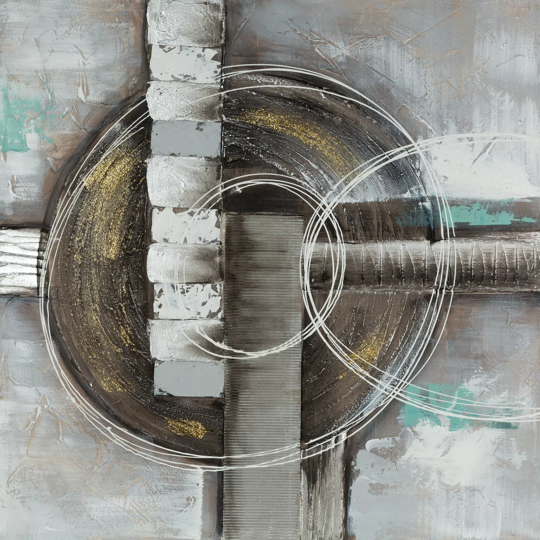 Obraz abstrakcja beżowo, turkusowy ręcznie malowany na płótnie 80x80 cm CIRCLE