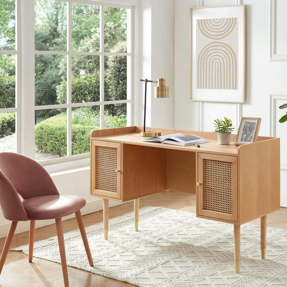 BOMBONG - Bureau 2 portes en bois et cannage L130cm bois clair