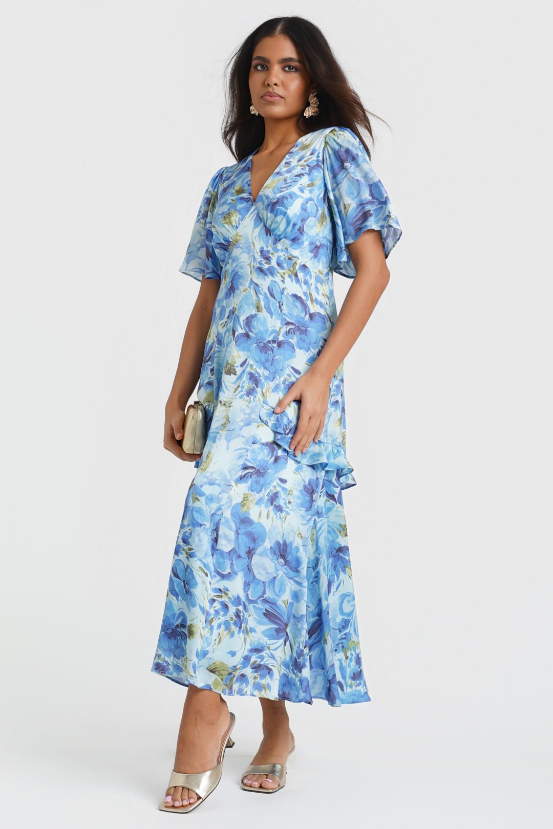 Needs No Label Blue Floral Midi Dress