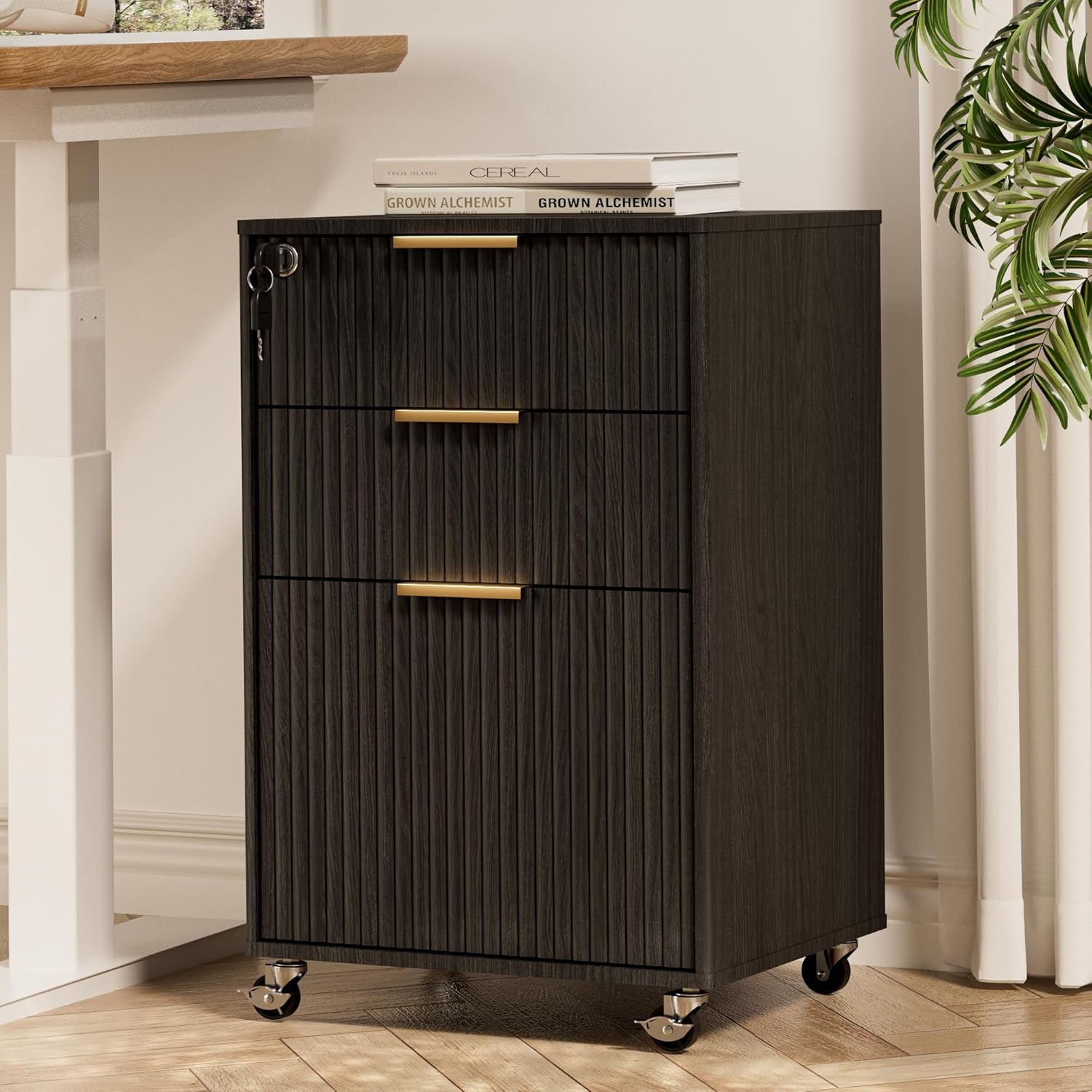 INNOD 3 Drawer Fluted Mobile File Cabinet with Lock, Rolling File Cabinet, Under Desk Wooden Filing Cabinets for Home Office (Black)