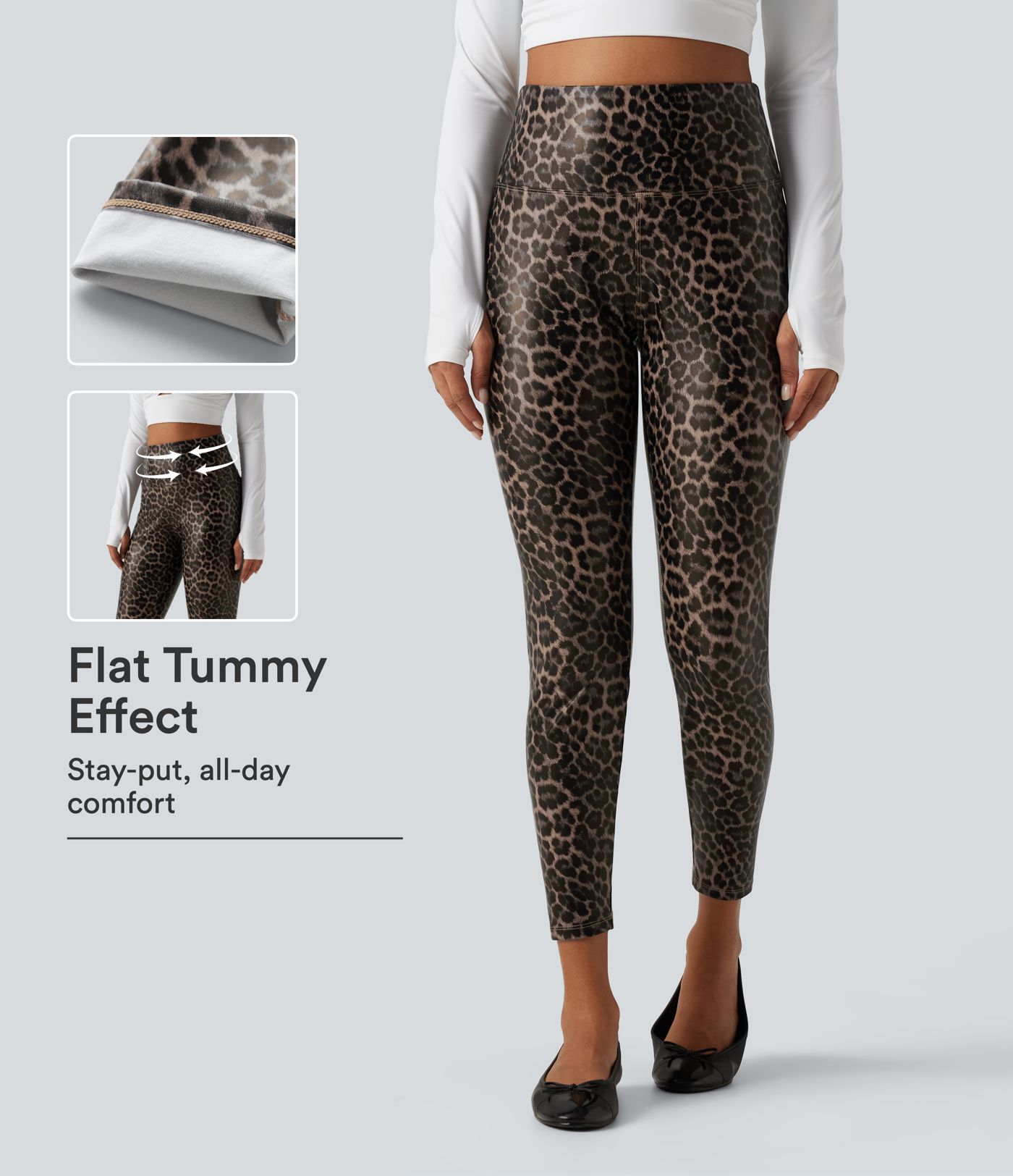 Legging skinny taille haute gainant en simili stretch imprimé léopard avec poches