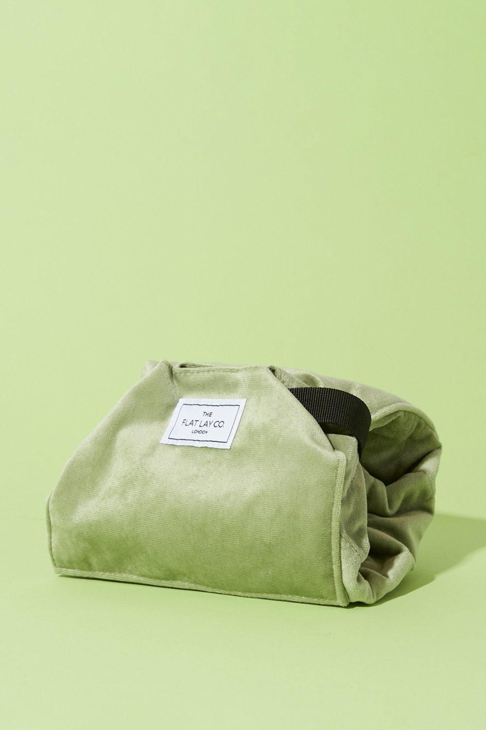 The Flat Lay Co Sage Velvet Open Flat Makeup Bag