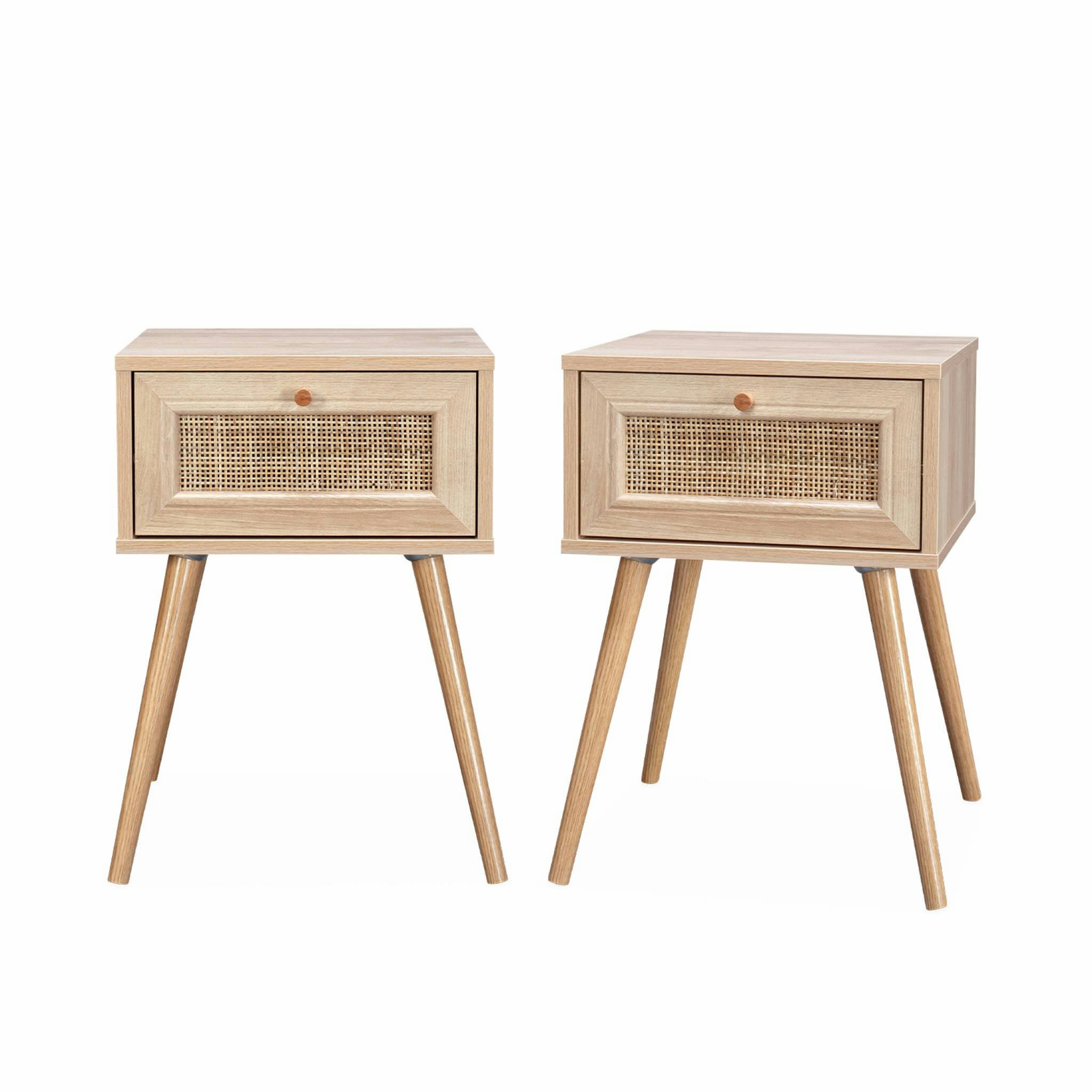 BOHÈME - Lot de 2 tables de chevet effet bois et cannage, 1 tiroir