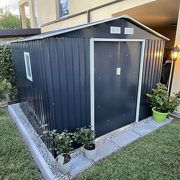 Abri de jardin métal 8,84m² anthracite double pente X-Metal   kit ancrage