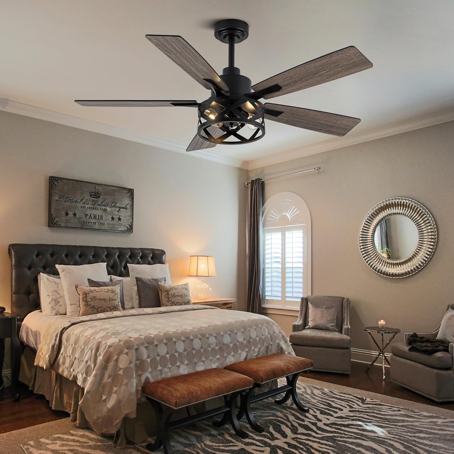 52 Farmhouse Ceiling Fan with Lights and Remote,Ceiling Fan with Caged Rustic Light Fixture,Reversible DC Motor,5 Double Finish Wood Blades for Patio,Living Room,Dining Room,Bedroom