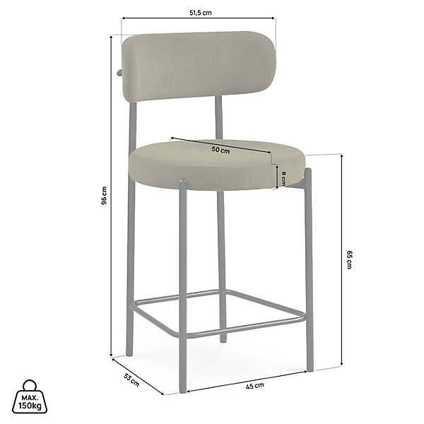 Lot de 2 tabourets de bar modernes IRIS velours côtelé kaki hauteur 65cm