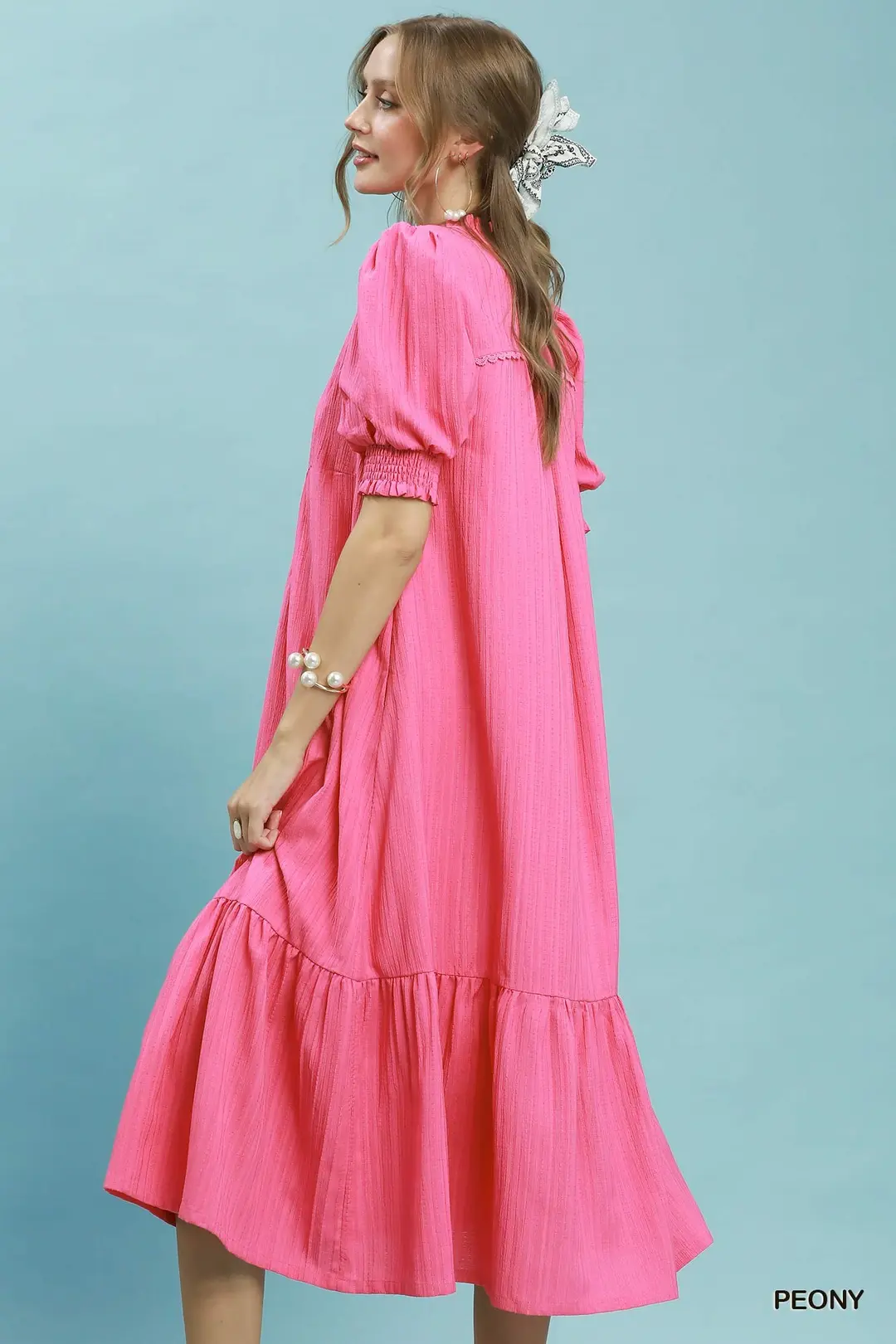 Textured Puff Sleeve Midi Dress