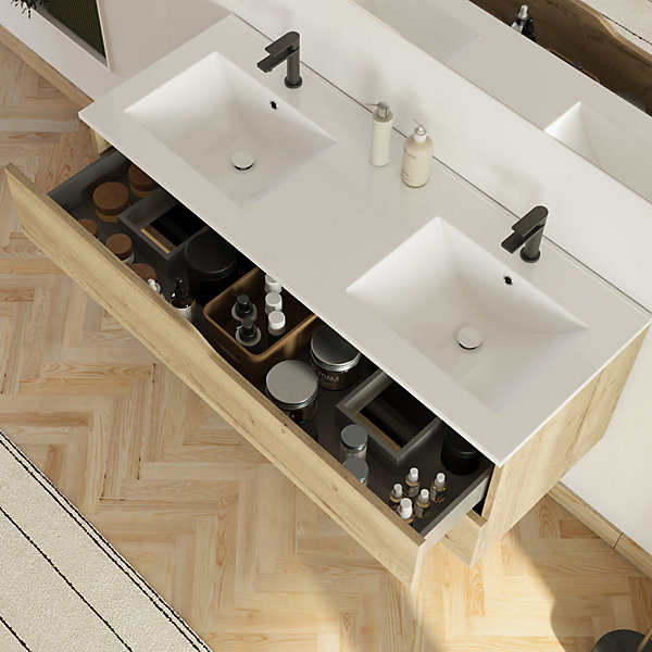 Meuble sous vasque seul, 2 tiroirs, 120cm, double vasque - madera miel (chêne clair) - LUNA