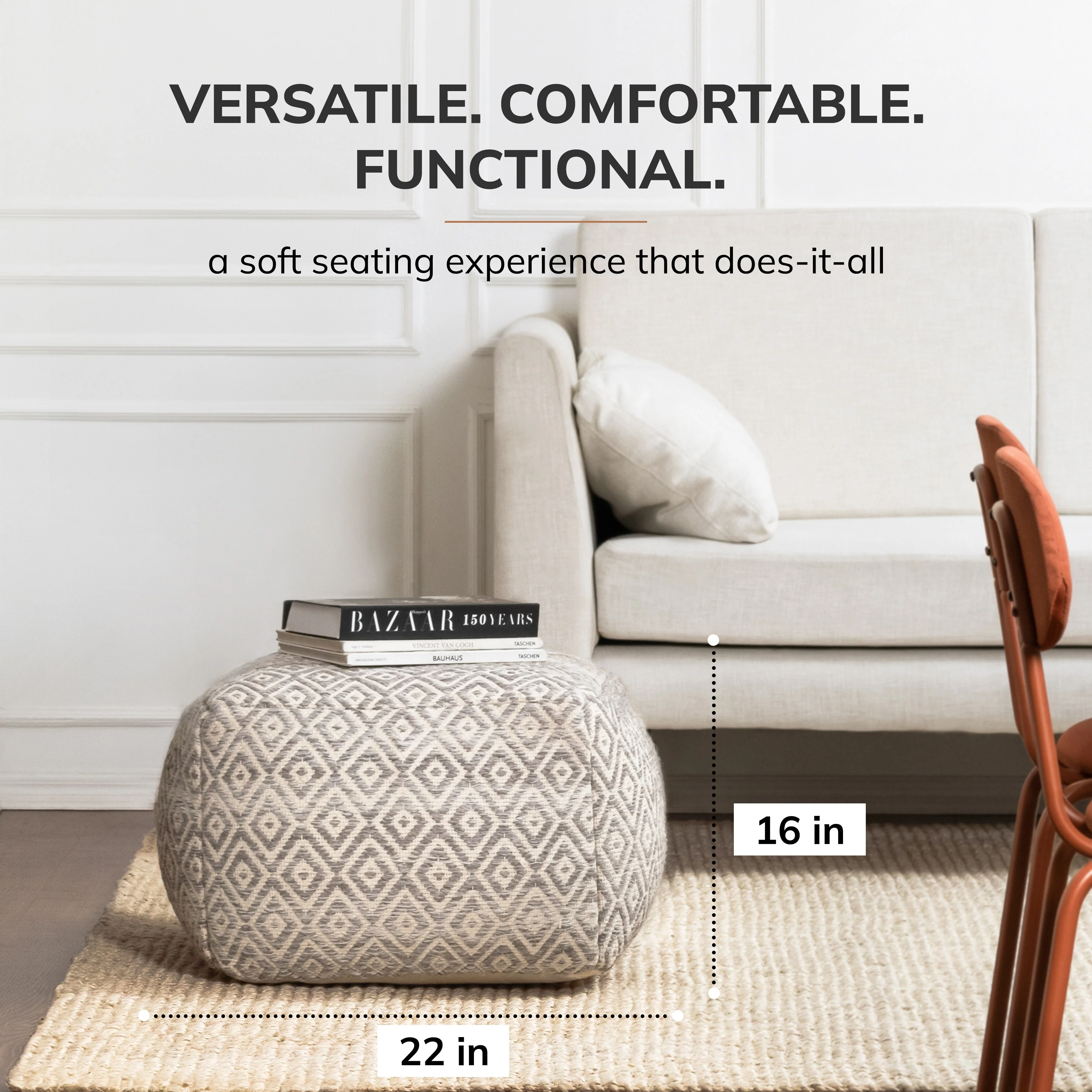 Jani Gray Rhombus 22-inch Square Grey Pouf Ottoman - Stylish Footrest for Living Room, Bedroom