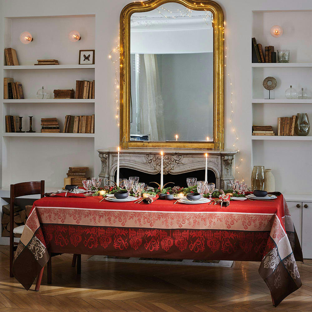 COURONNE DE NOEL ROUGE - Nappe carrée antitache déperlant pur coton rouge 115x115 cm