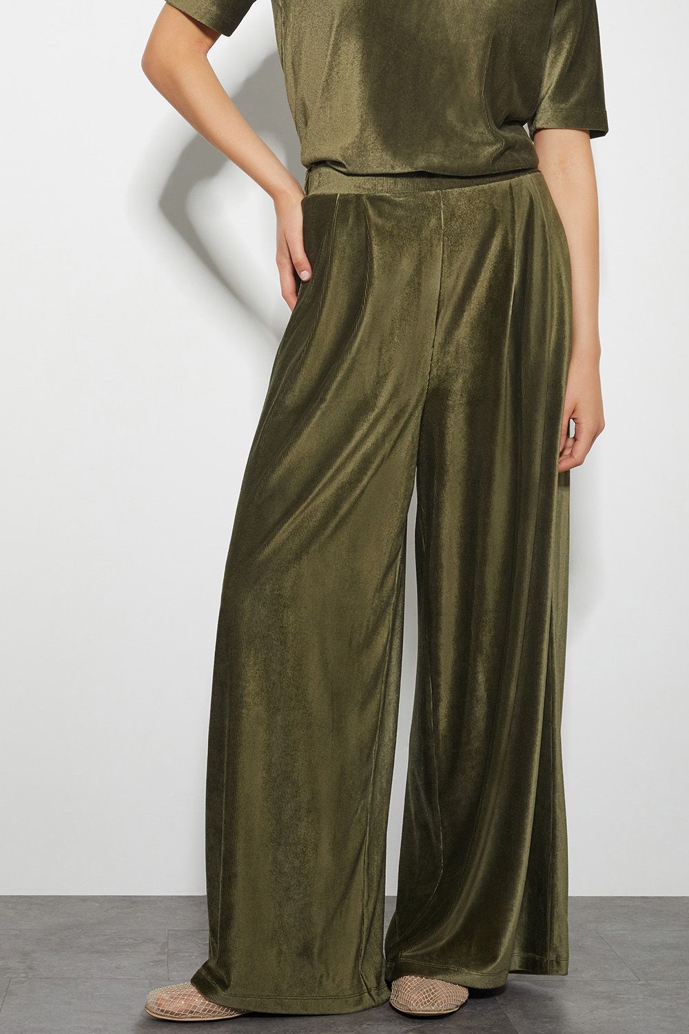 Monsoon Shay Rib Velour Wide Leg Trousers Green