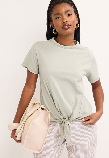 Womens Sage Cotton Front Knot T-Shirt