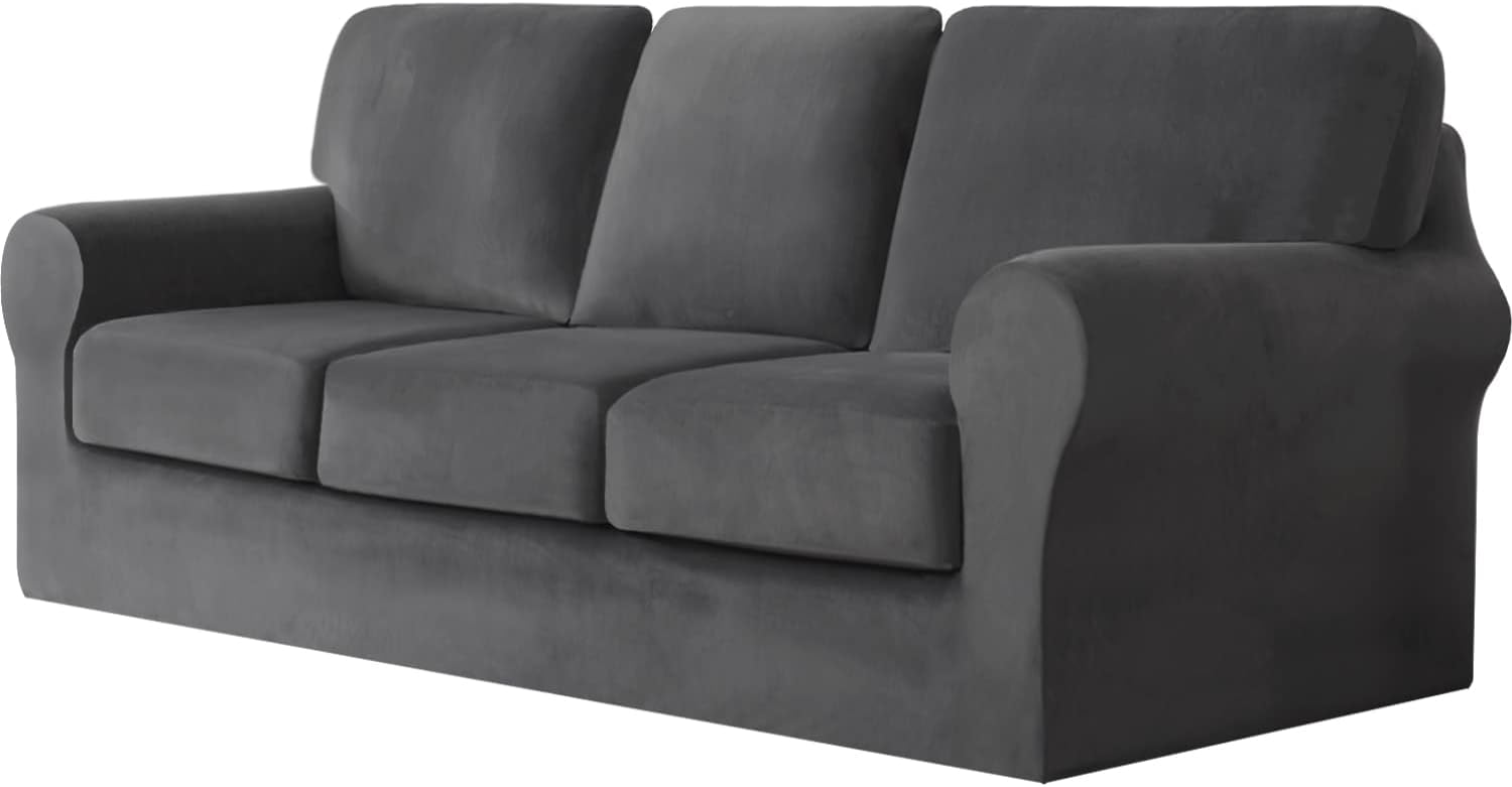 7 Pieces Velvet High Stretch Sofa Covers for 3 Cushion Couch Sofa Slipcovers, Washable Furniture Protector with Drawstring Anti-Slip Bottom, Soft and Plush Fabric for Kids and Pet (Dark Gray)
