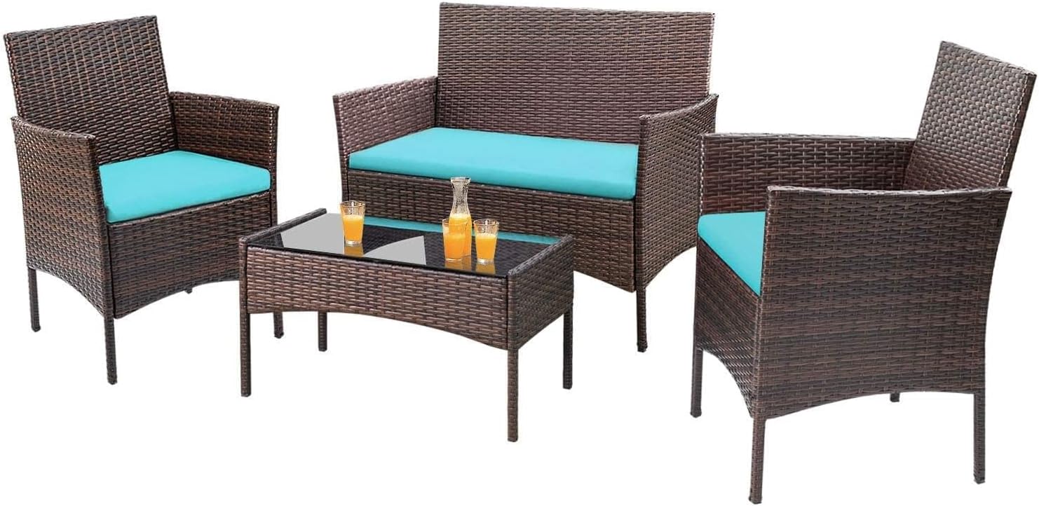 Homall 4 Pieces Outdoor Patio Furniture Sets Rattan Chair Wicker Set, Outdoor Indoor Use Backyard Porch Garden Poolside Balcony Furniture Sets Clearance (Brown and Beige)(Blue)