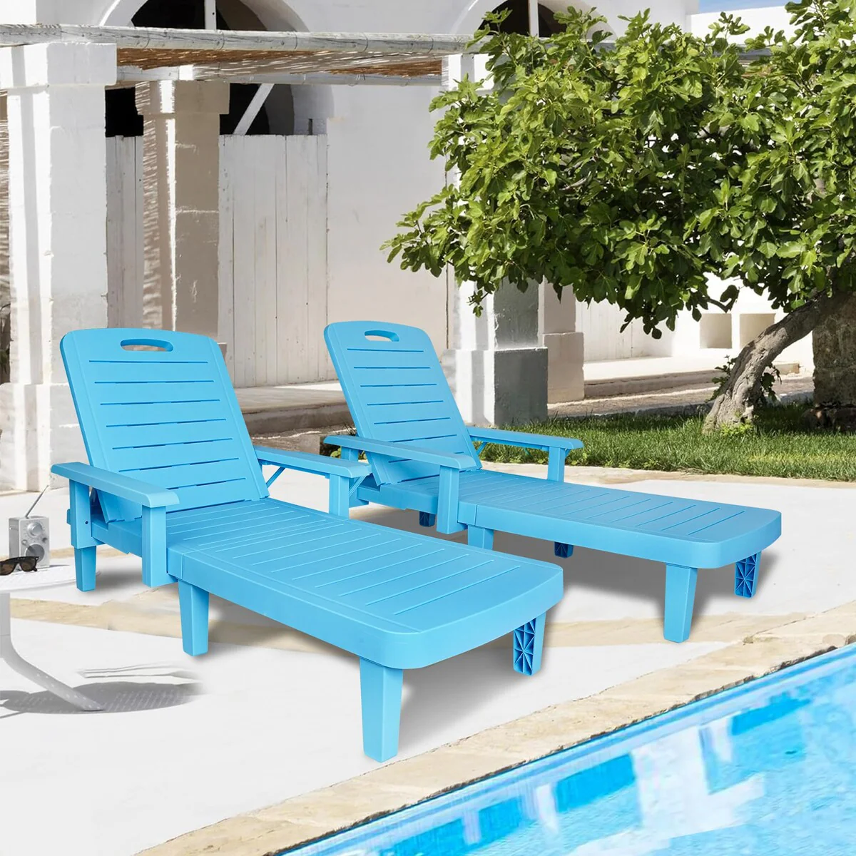 2-Piece Plastic Lounge Chairs, 5-Position, Armrest, Storage Rack