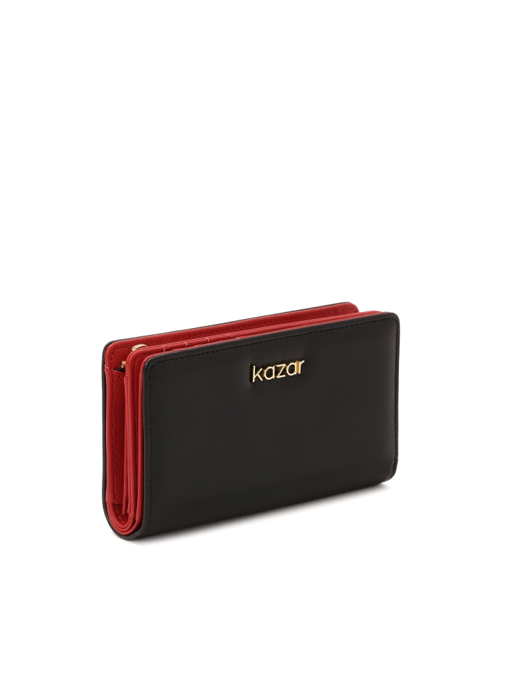 Black leather wallet with red interior