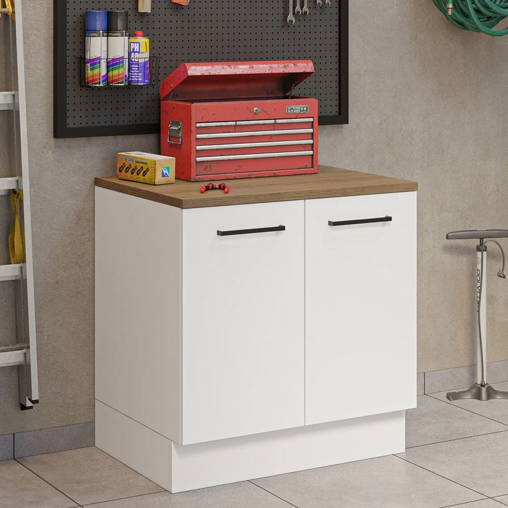 Madesa Compact Garage and Utility Room Base Cabinet with 2 Doors and Tool Storage Shelves 33 In Unit - White