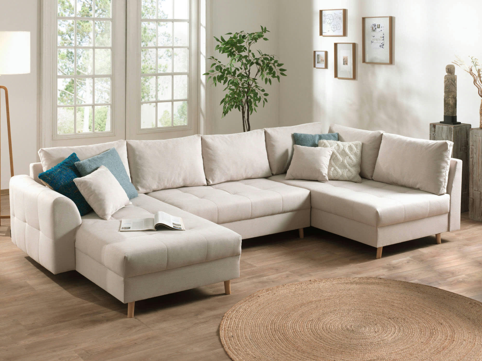 RUNE - Canapé panoramique 7 places angle droit en tissu beige