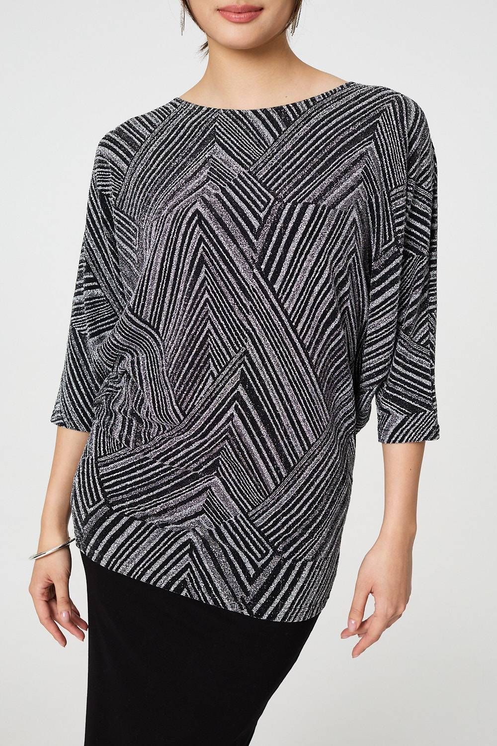 Izabel London Striped Metallic 3/4 Batwing Sleeve Top