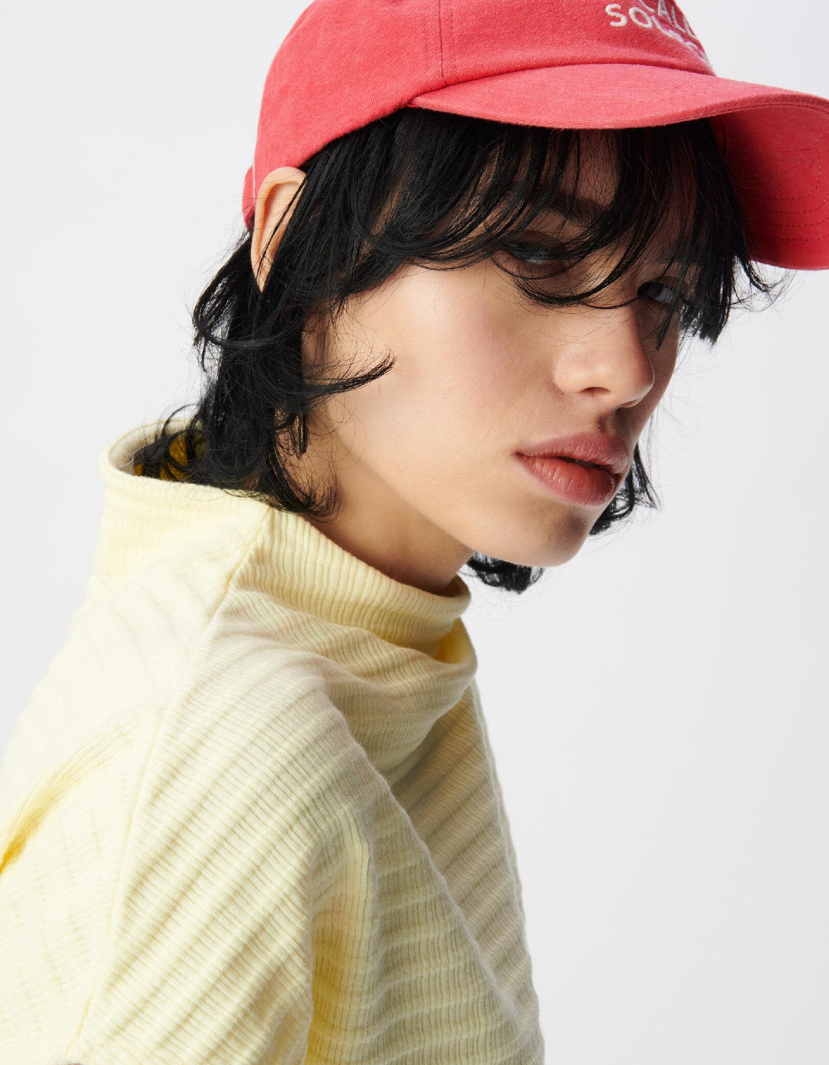 Tee-shirt col montant jaune maille relief Femme