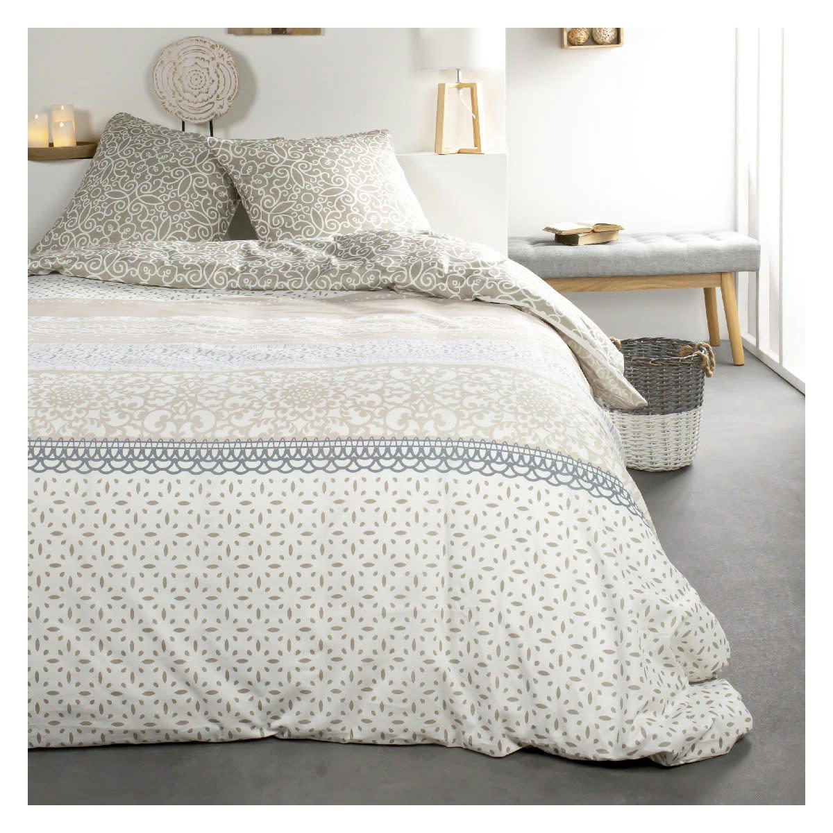 SUNSHINE - Parure de lit 2 personnes imprimé floral en Coton Beige 220x240 cm