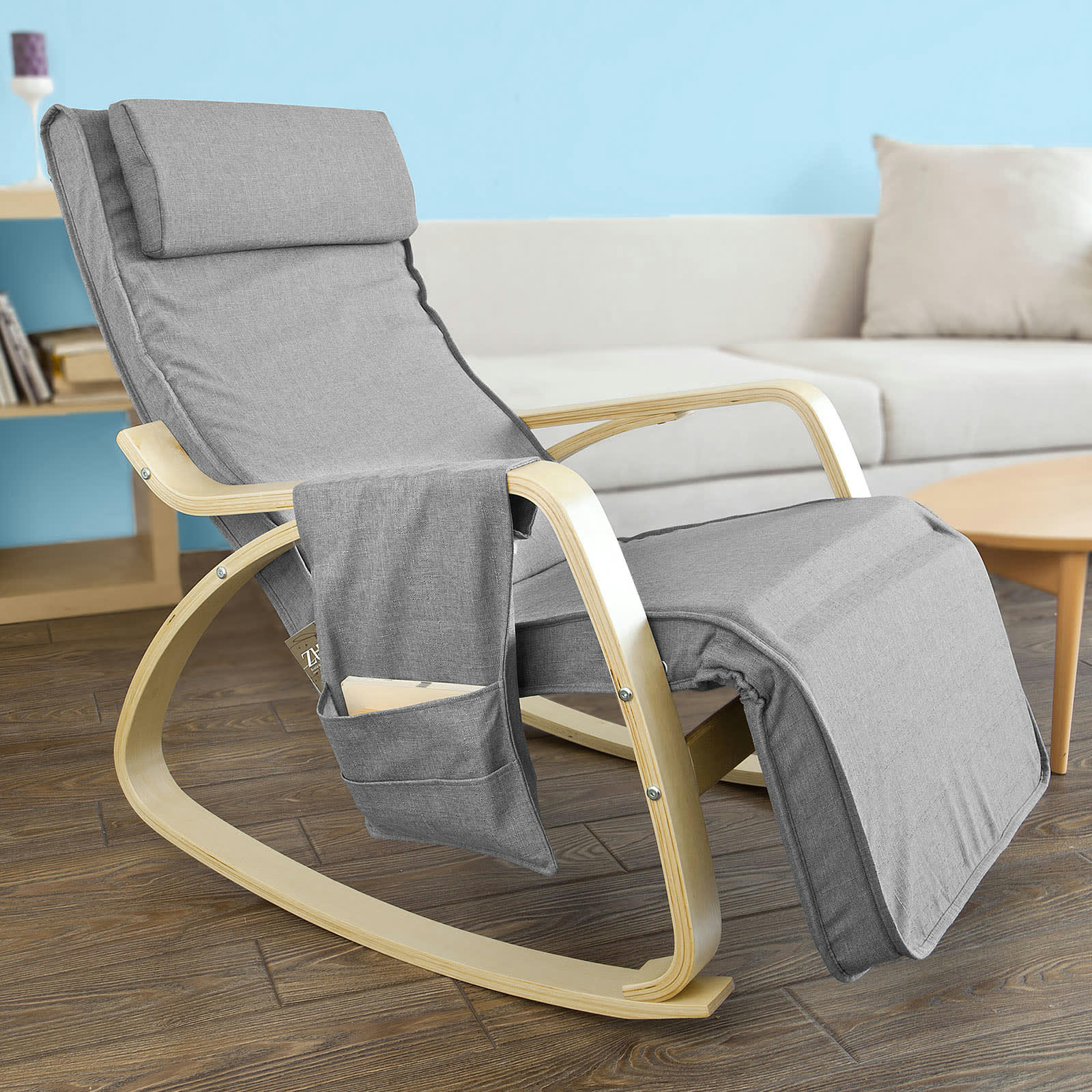 - Fauteuil à bascule bois de bouleau tissu en coton gris