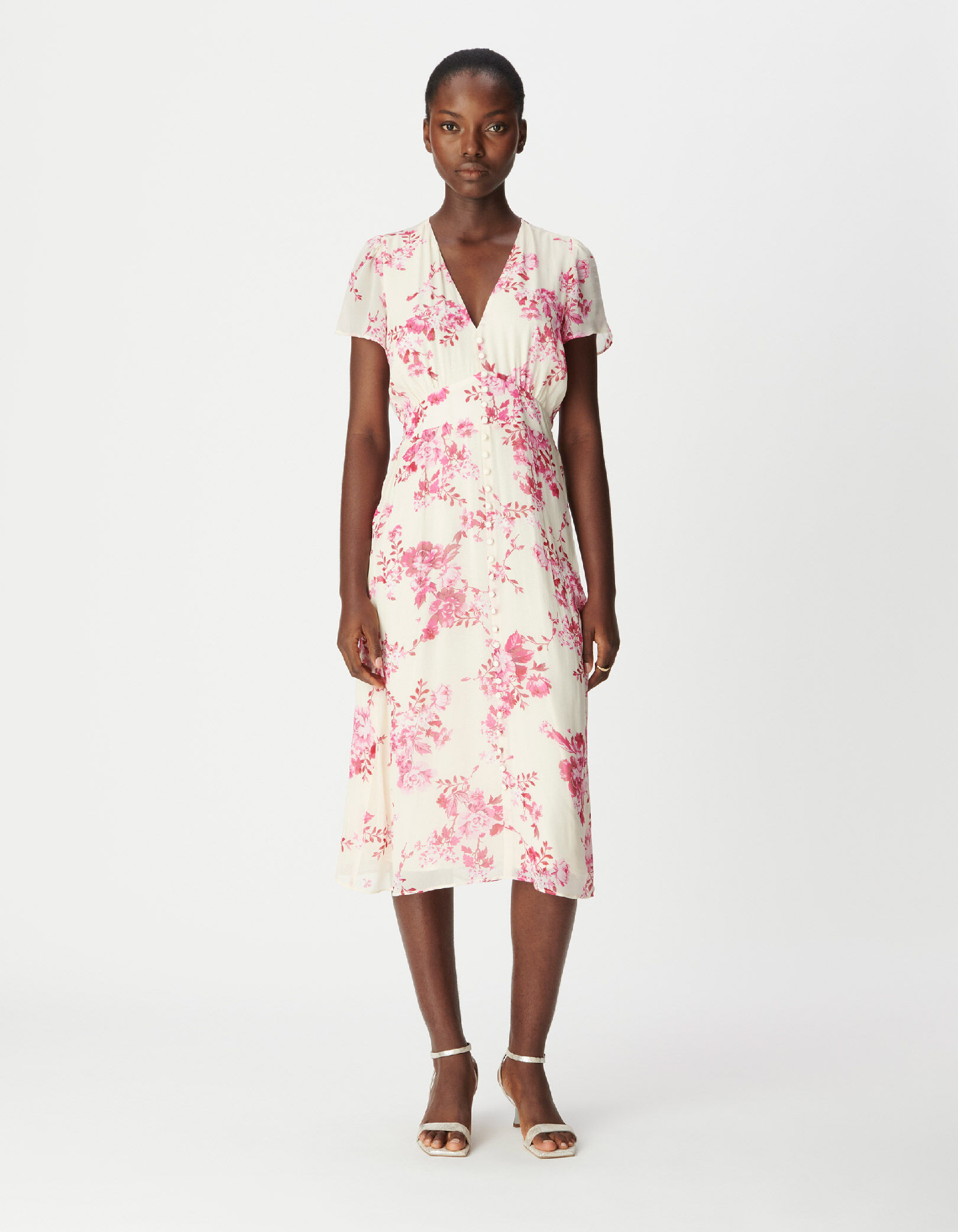 Robe midi écrue imprimé fleurs roses Femme