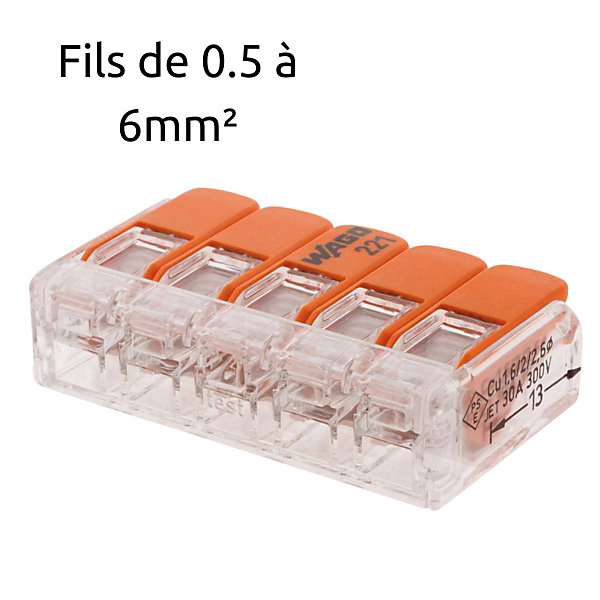 Lot de 3 bornes de raccordement S221 - 5 conducteurs avec leviers 6mm² - Wago