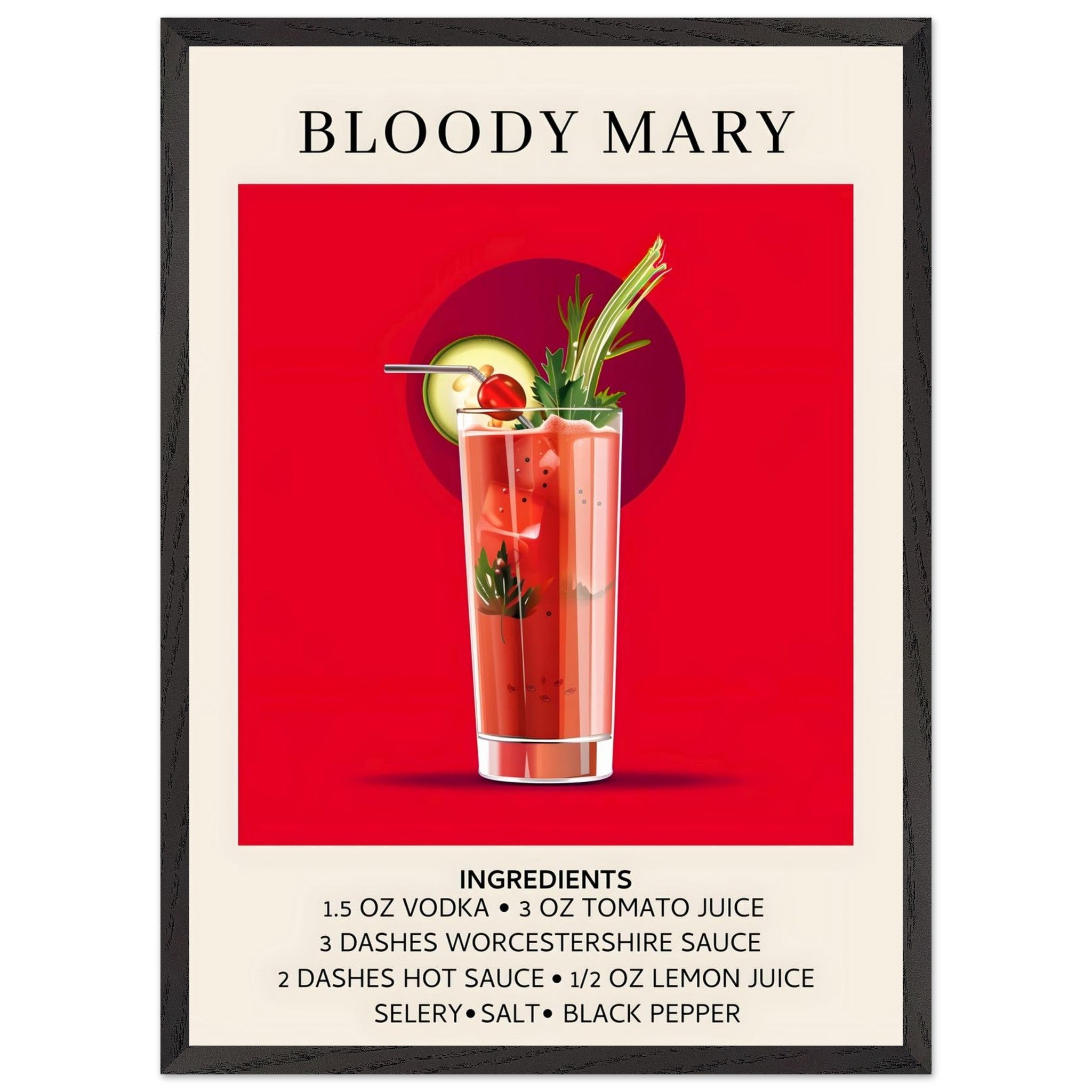 Artfulprints Poster met Lijst Bloody Mary cocktail - Ingrediënten  - 50x70 cm - Rood