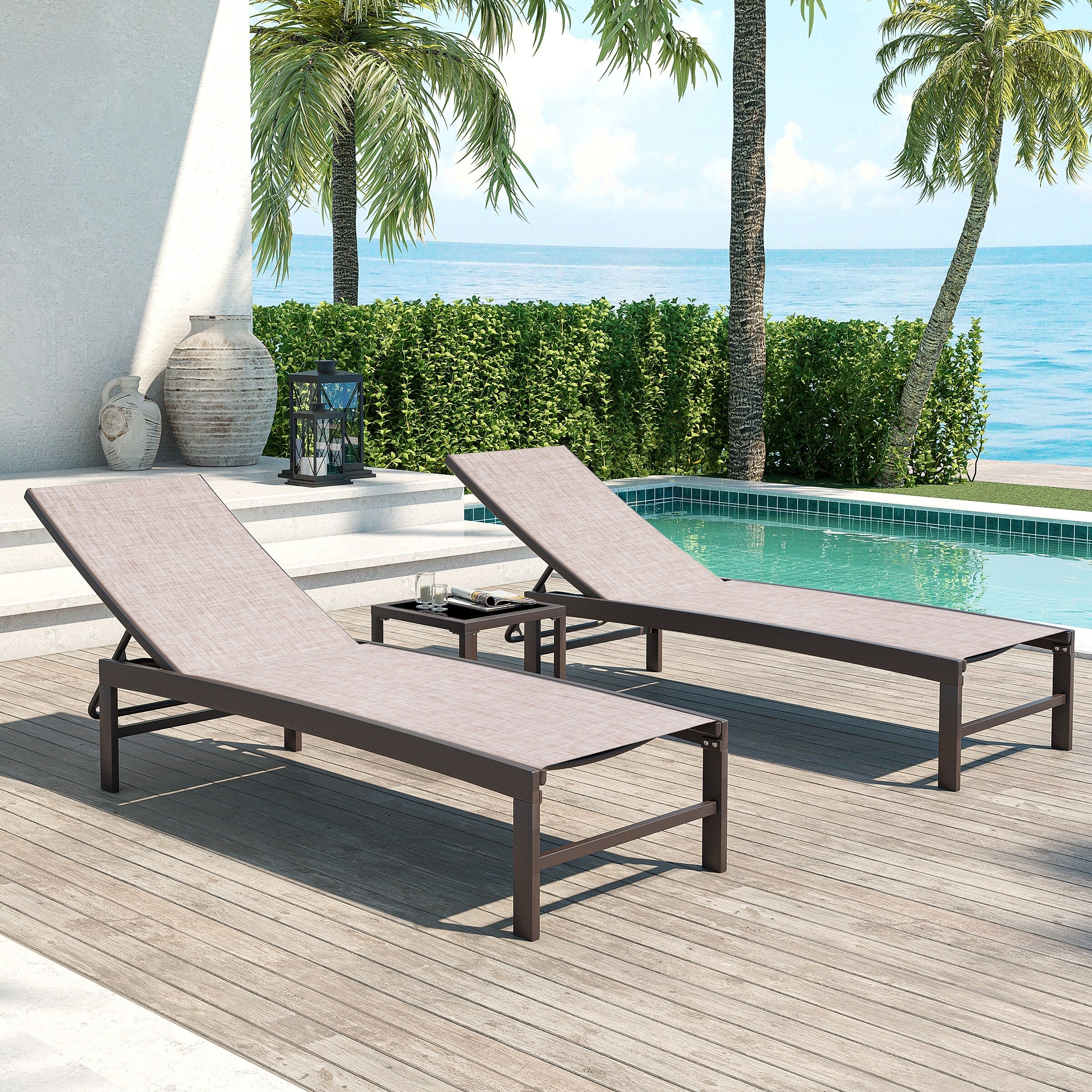 Outdoor Patio Aluminum Adjustable Lounge Chairs and Side Table Set 3-piece