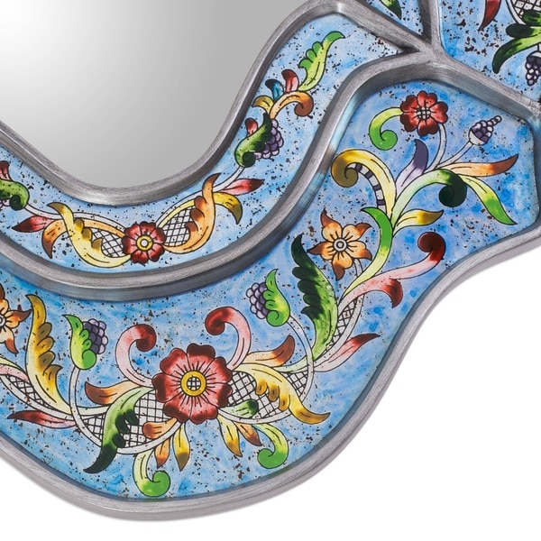 Handmade Revers Painted Bright Blue Sky Flower Mirror (Peru) - 9.75 " W x 13.0" H