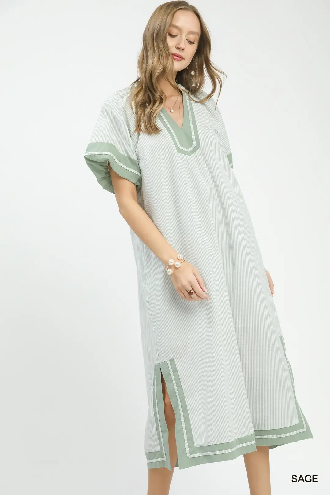Pinstripe Contrast Trim Midi Dress