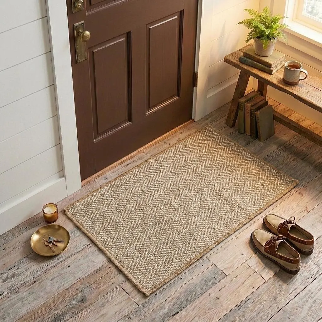 Washable Herringbone Door Mat, Brown Low Pile Entryway Rug, Textured Sisal Look, Flatweave Porch Mat