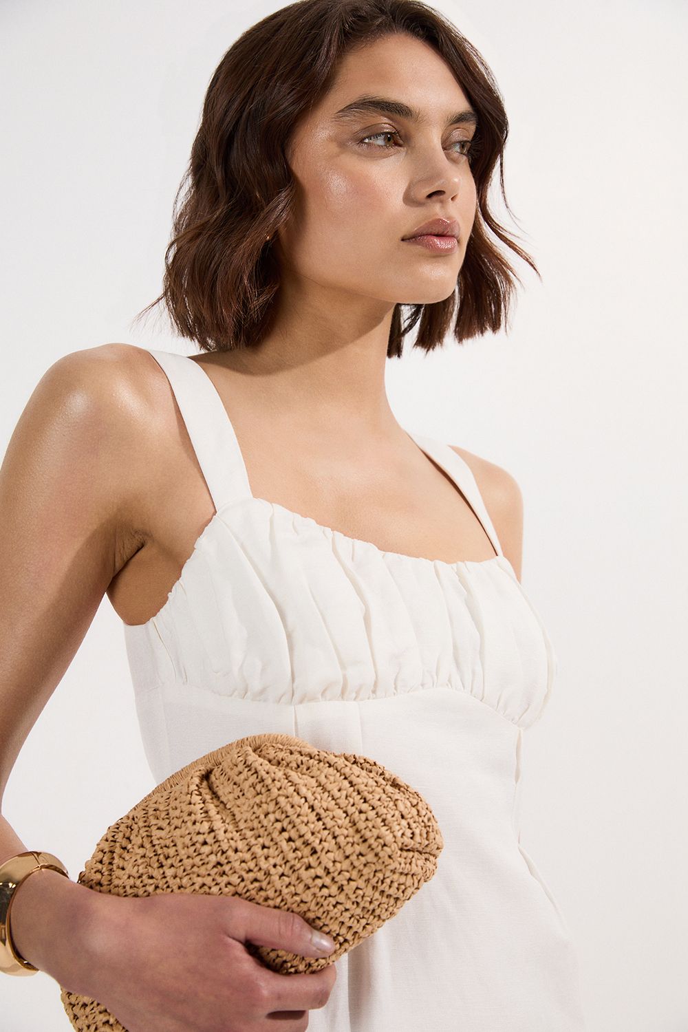 KarenMillen Viscose Linen Ruched Detail Strappy Woven Midi Dress