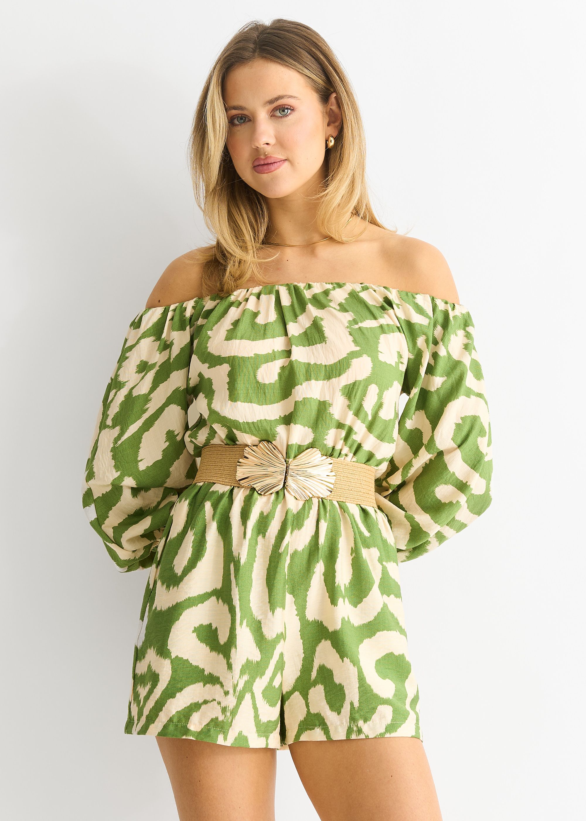 Gini London Green Abstract Belted Bardot Viscose Playsuit