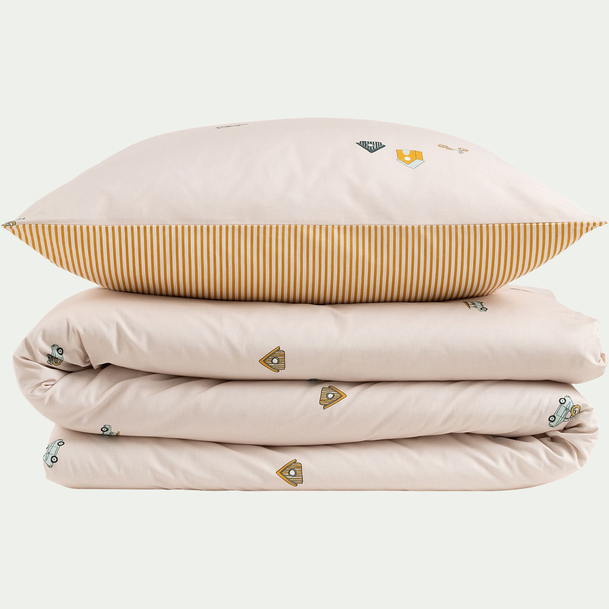 EN ROUTE - Housse de couette enfant 140x200cm et 1 taie d'oreiller 65x65cm en coton - motifs fantaisie