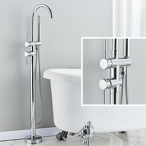 Mitigeur pour baignoire îlot Chrome Bec cascade, douchette, laiton massif