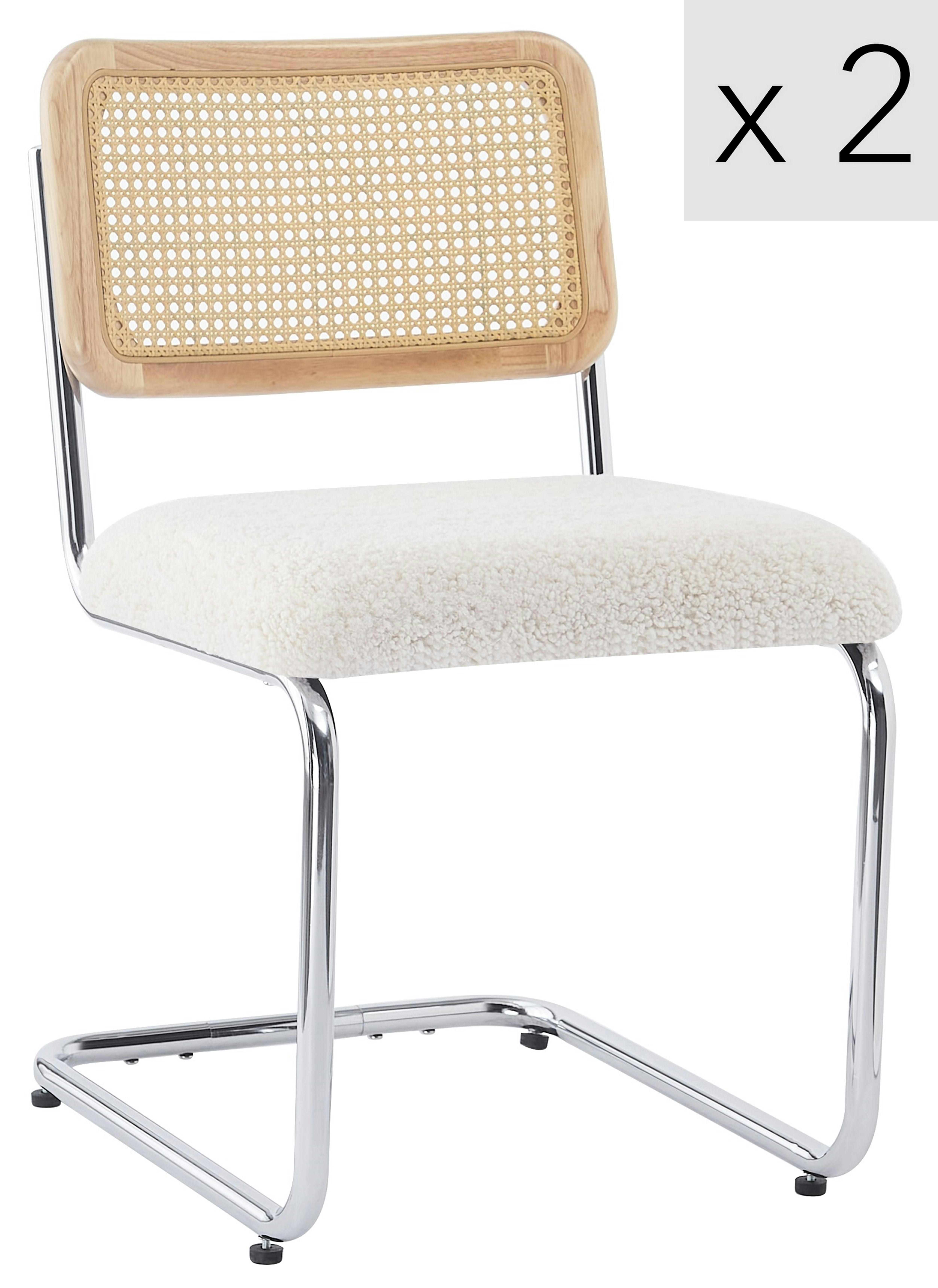 - Lot de 2 chaises en métal et cannage avec assise en bouclettes blanc