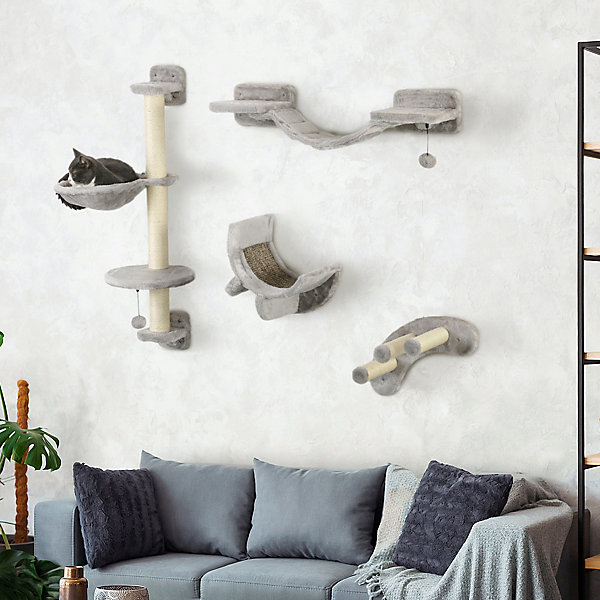 Mur d'escalade pour chat avec hamac passerelle planche à gratter et balles peluche sisal gris