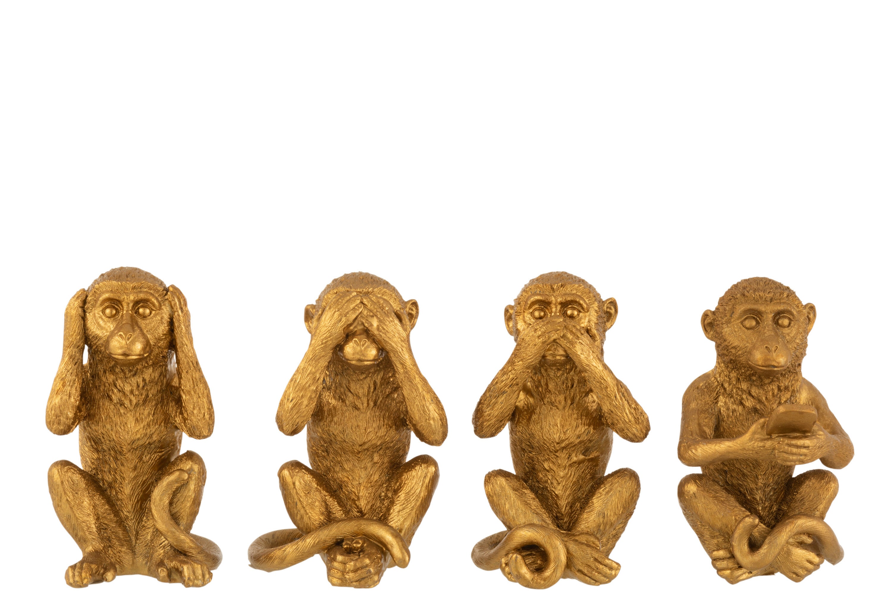 J-Line figuur Aap Horen/Zien/Zwijgen/Gsm - polyresin - goud - 4 stuks