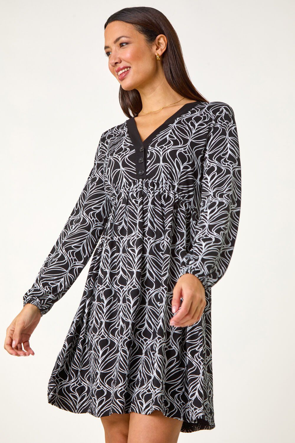 Roman Geometric Print Buttoned Stretch Dress